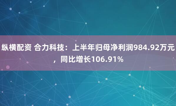 纵横配资 合力科技：上半年归母净利润984.92万元，同比增长106.91%